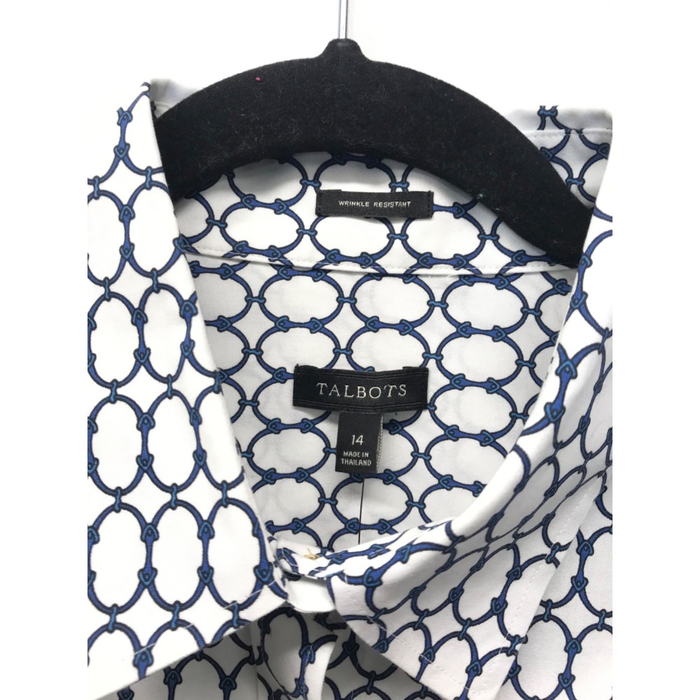Talbots White Blue‎ Chain Print Wrinkle Resistant Button Front Shirt Size 14 NEW - Picture 3 of 9